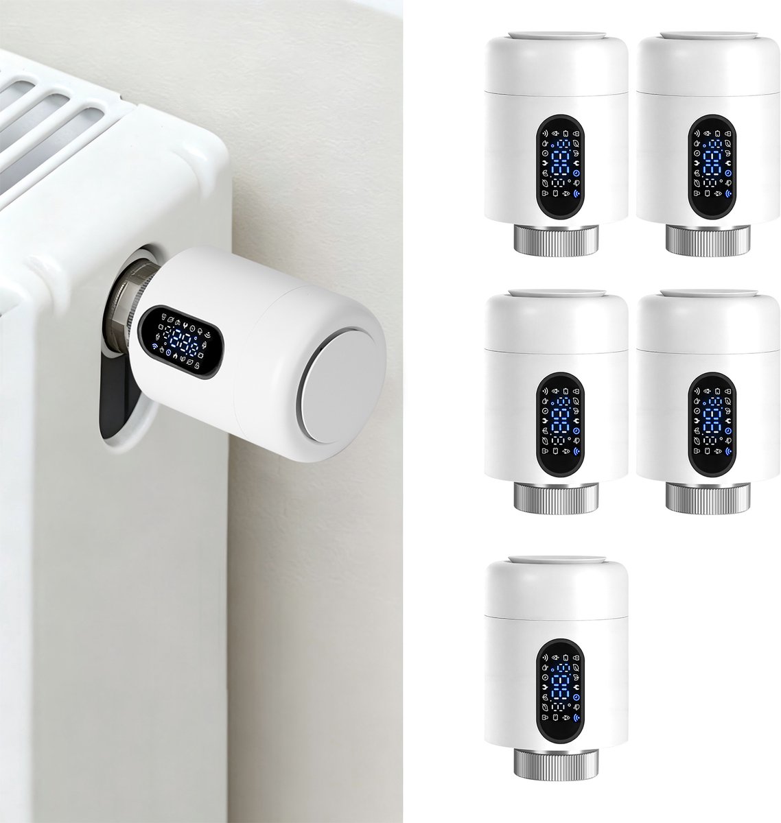 Radiator Thermostaat WiFi – Raamdetectie, Vorstbeveiliging en Kinderslot – Wit – 5-pack