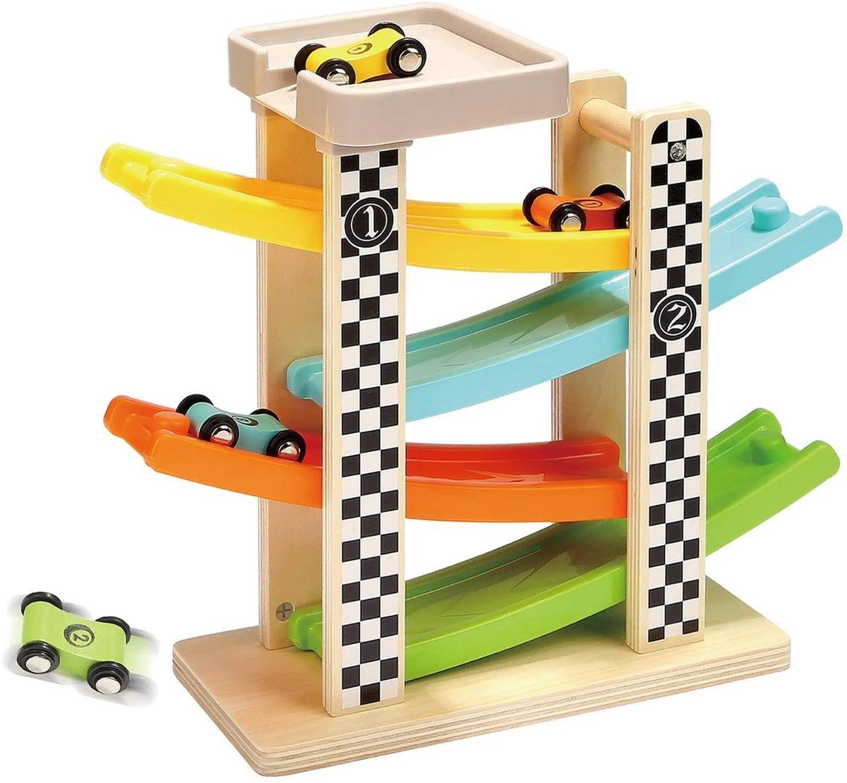Casalora Houten Racebaan – 4 Raceauto's – Montessori Speelgoed – Educatieve Autobaanset voor Kinderen van 1-4 Jaar – Houten Racebaan Speelgoed – Stimuleert Verbeelding & Motoriek