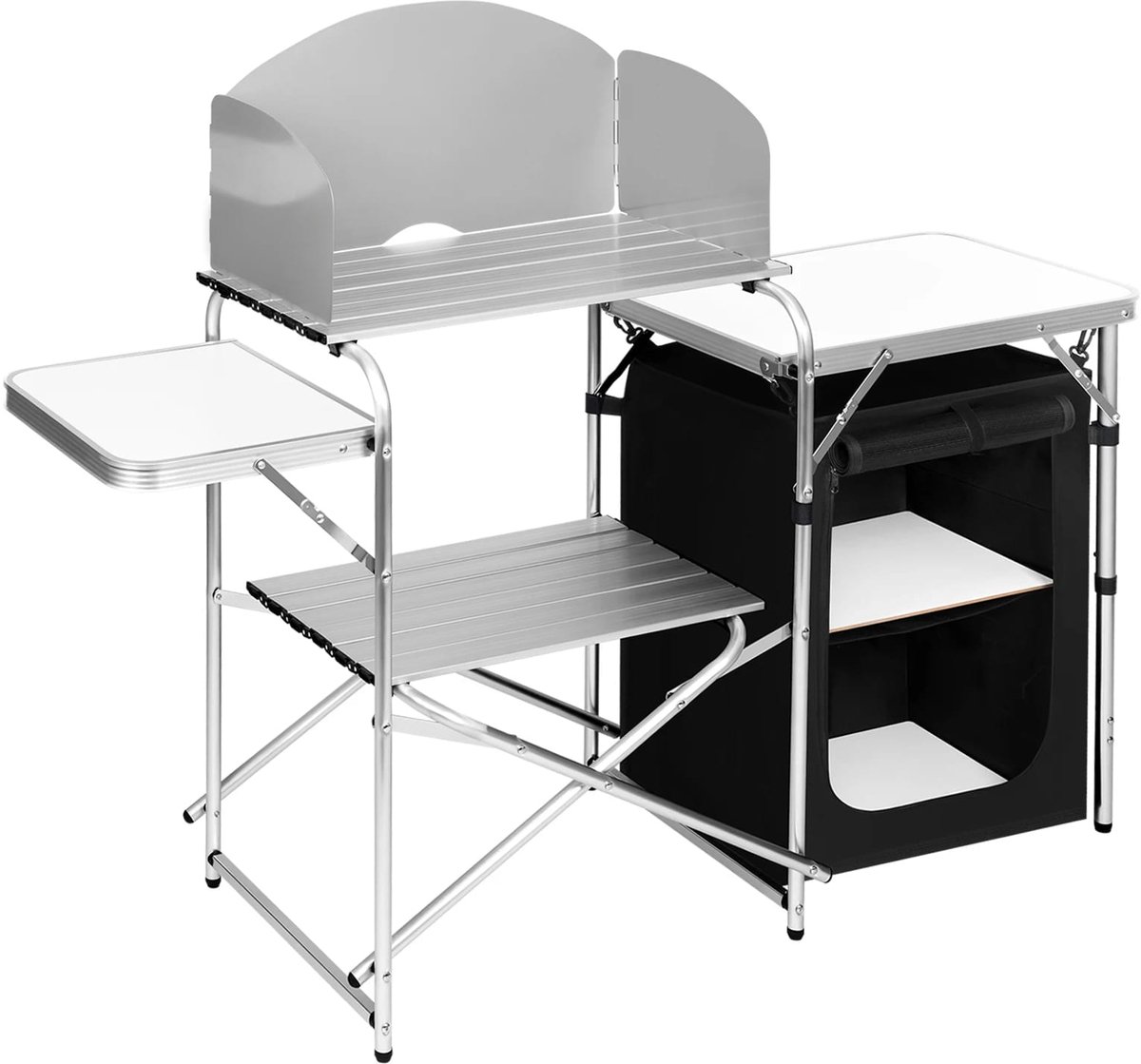 Klarven® Camping Keuken Wit zwart - Opvouwbaar met Windscherm en Meerdere Opbergvakken - Aluminium Frame, 60 kg Capaciteit, Draagtas inbegrepen - B 40 x D 147 x H 111 cm