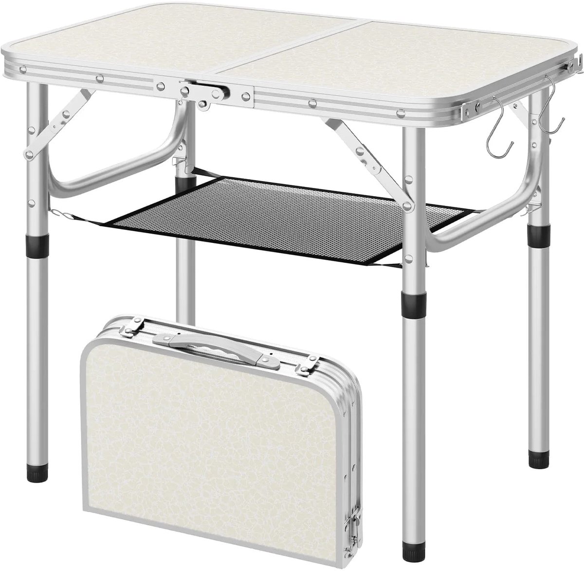Klarven® Campingtafel Opvouwbaar Wit - Verstelbare Hoogte in 4 Standen, Opbergnet en Draaggreep, 30 kg Draagvermogen - Tafelblad B 60 x D 40 cm