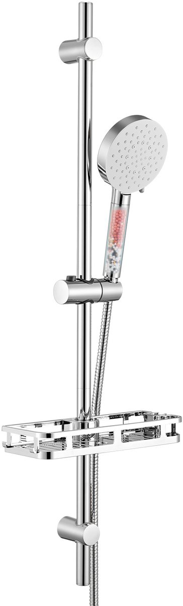 Auralum Max 50% Waterbesparende Glijstang Doucheset - 90 cm Glijstangset Met Plankje - Douchekop Ø 12 cm - Handdouche met Filter - 6 Standen - Universele Aansluiting - Chroom&Wit