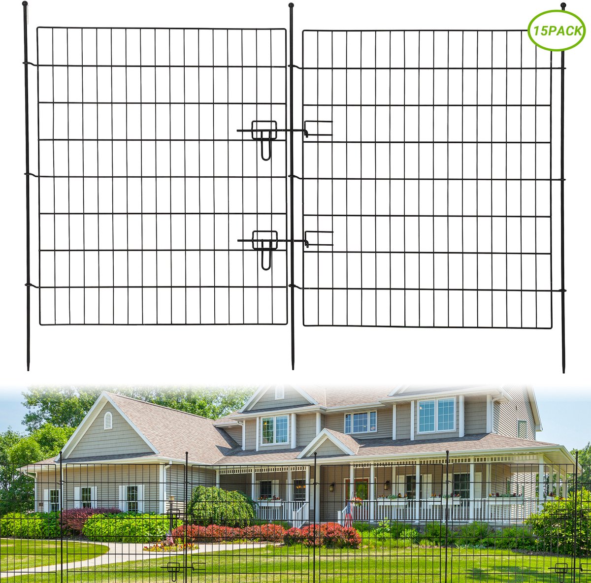Tuinhek met Poort 15 Panelen - 81cmHx74cmB - Decoratief Metaal Tuinhek - Roestvrij - Dierenbarrière - Tijdelijk Hondenhek - Inclusief Grondpalen En Hamer - Voor Tuin Terras