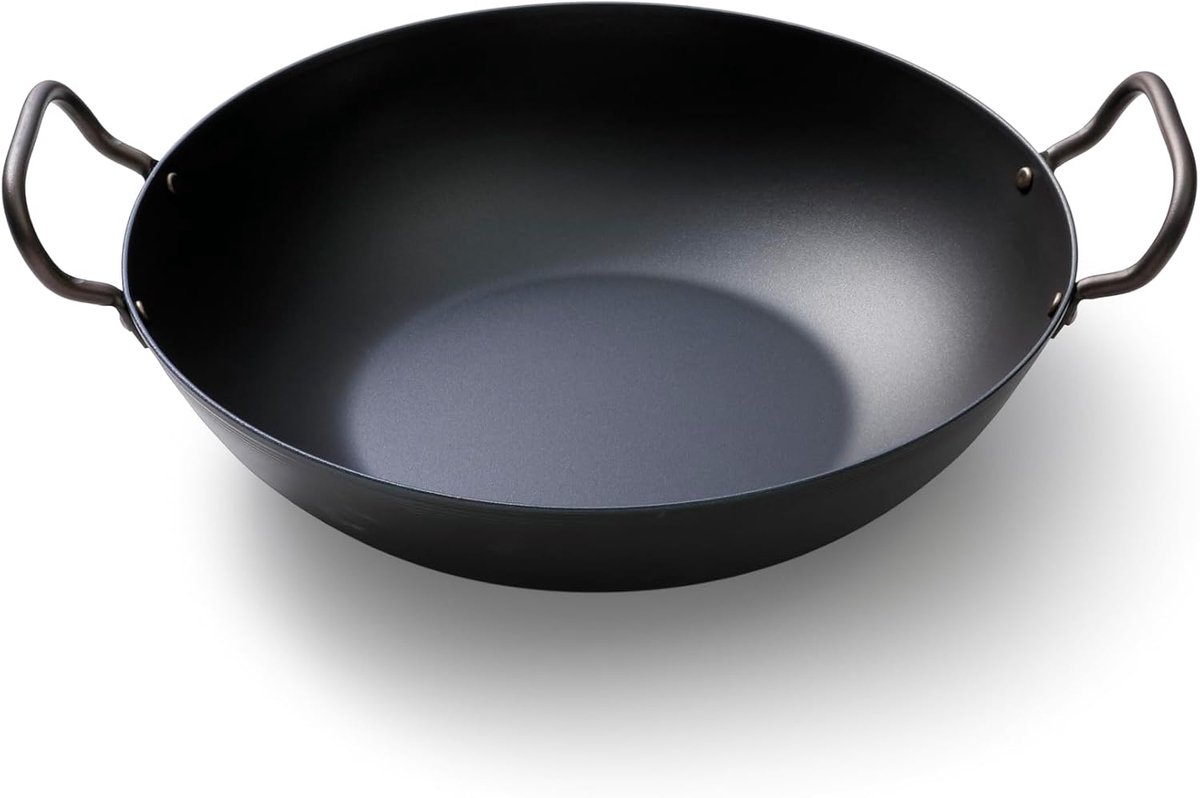 Wokpan Koolstofstaal - Wok Wadjan - Gezond Koken - Voorgebrand PFAS-vrij - 33 cm - Zwart