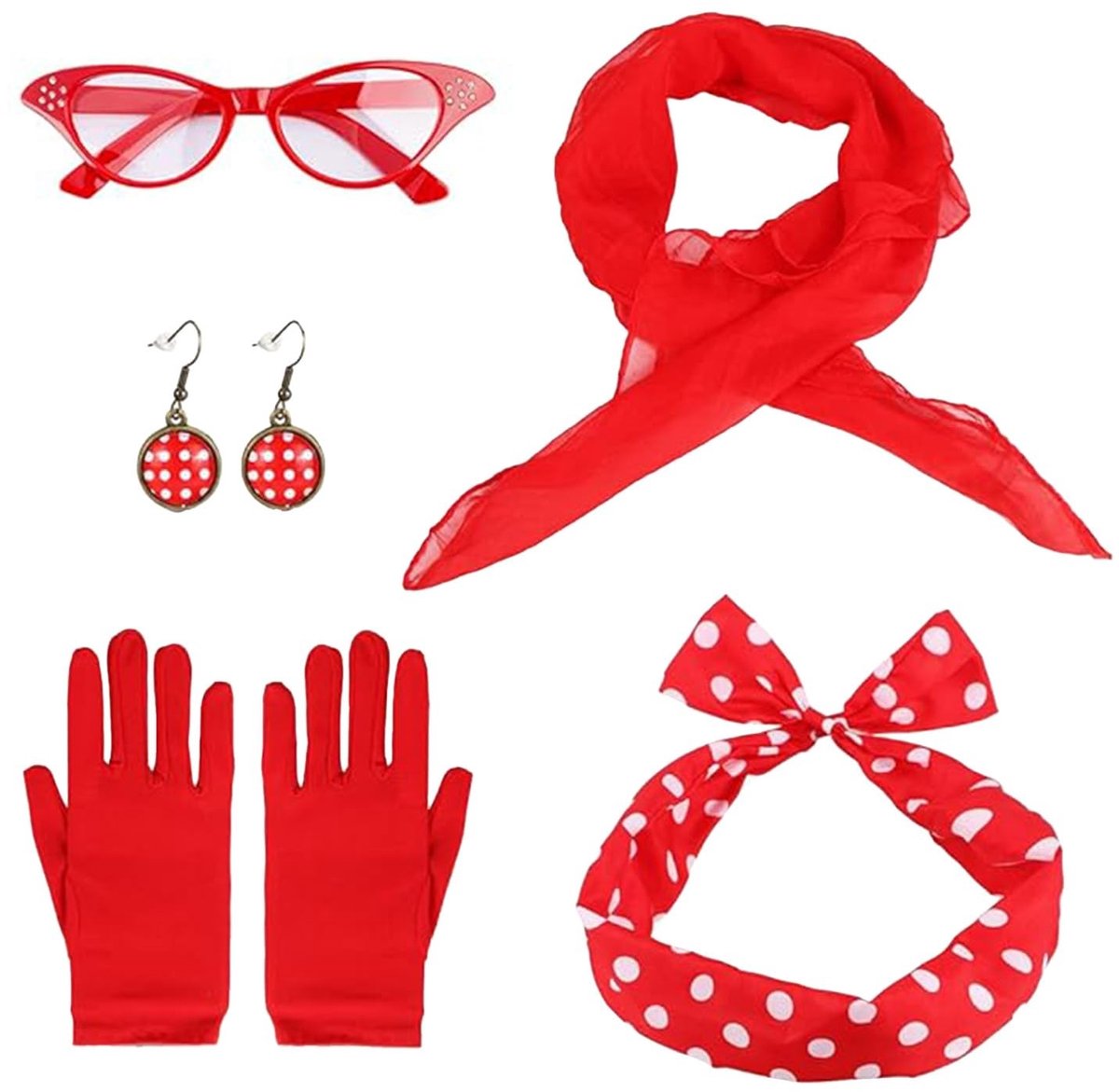Dailygoods- Damesmode Vintage Set - Hoofdband/Handschoenen - Oorringen/Halsdoek - Bril - Polyester - Verstelbaar/Comfortabel - Vintage Kostuum