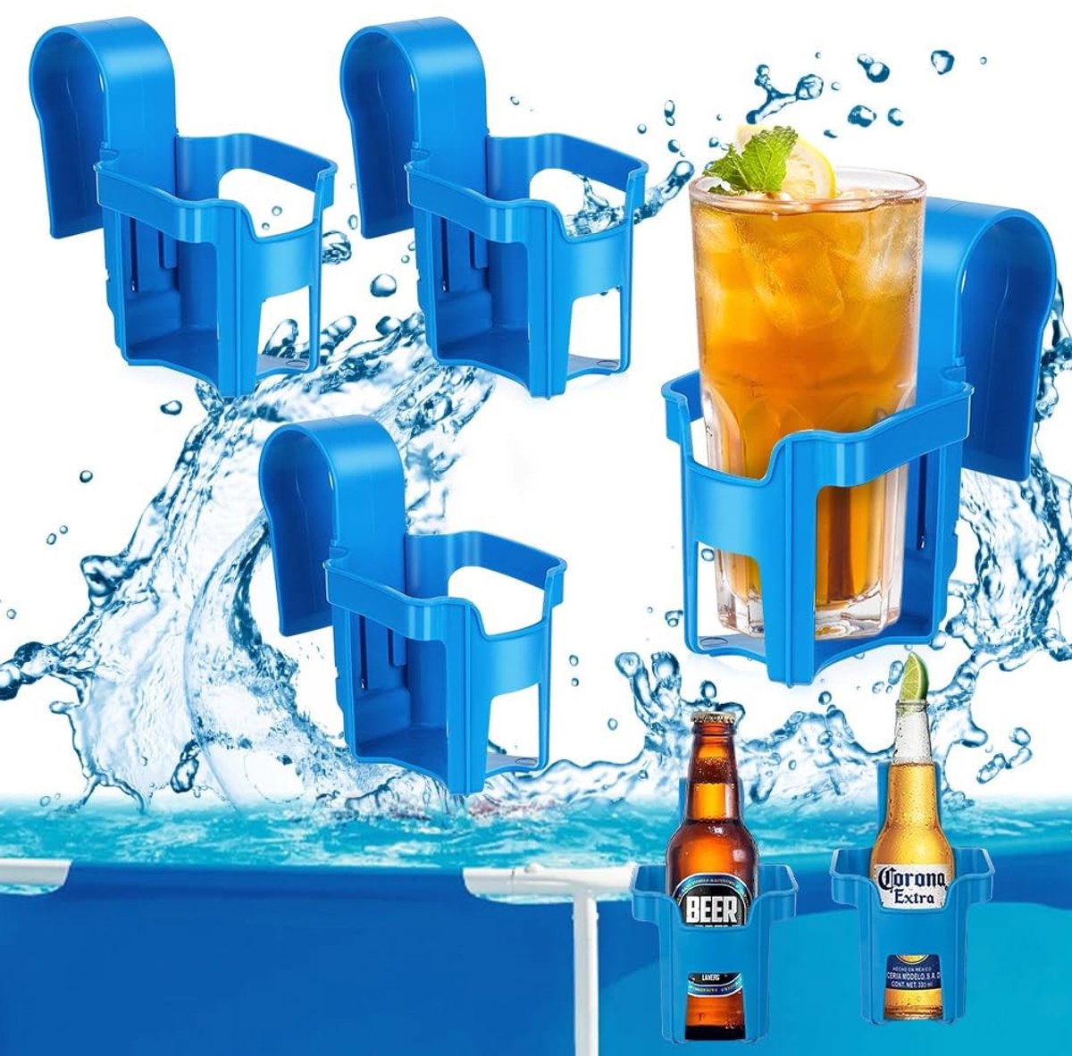 Dailygoods- Zwembadbekerbeugel 4-delig - Drankhouder Auto/Zwembad - Morsbestendig - Compatibel met Bovengrondse Zwembaden - ABS Materialen - Blauw