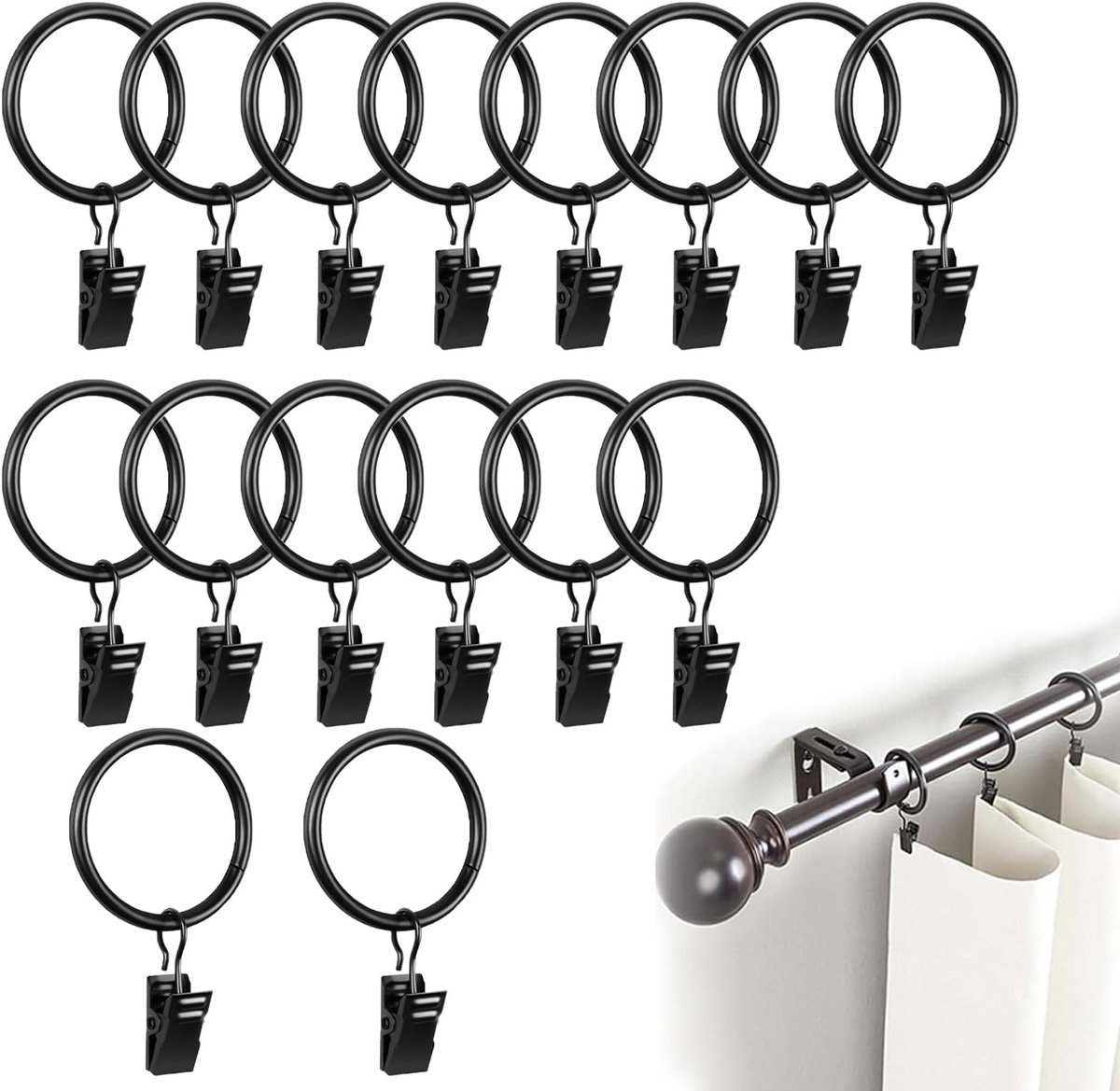 Dailygoods- Gordijnringen 25 mm binnendiameter - 16 stuks - Metalen gordijnhaken - Ringen met clips - Geschikt voor gordijnen - Zwart