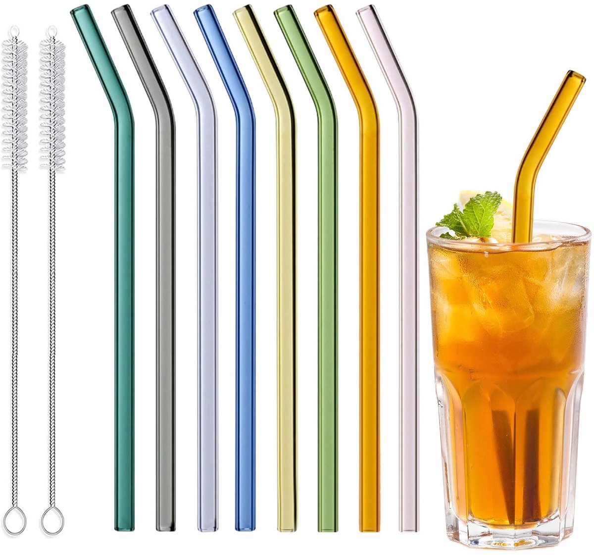 Dailygoods- Glazen Rietjes 8 Stuks - Herbruikbaar - Kleurrijk - Met Reinigingsborstels - Milieuvriendelijk - Hoogwaardig Glas - Drinkrietjes