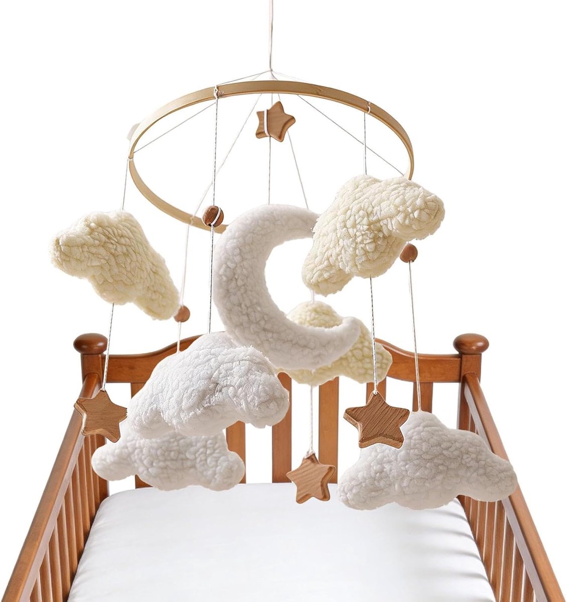 Kindermobiel Wieg - Houten Sterren - Babykamer Decoratie - Briesgeactiveerde Rotatie - 45 x 23 cm - Neutrale Kleuren