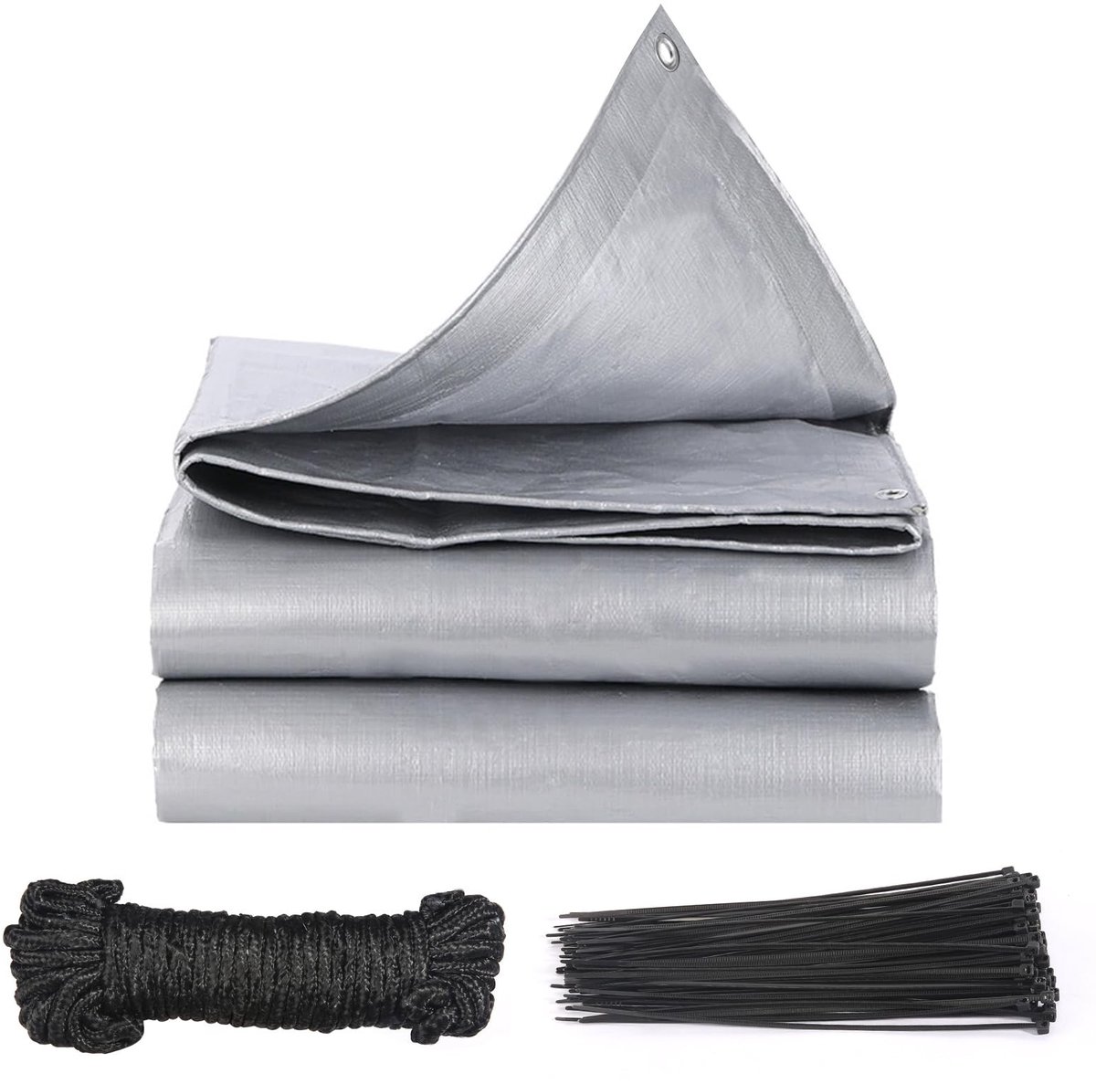 Dailygoods - Afdekzeil, 2 x 3 m, beschermend zeil met ogen, tentzeil, waterdicht, met 10 meter touw en 100 stuks kabelbinders van nylon, geschikt voor campingtenten buiten, boten, terrassen, zwembaden