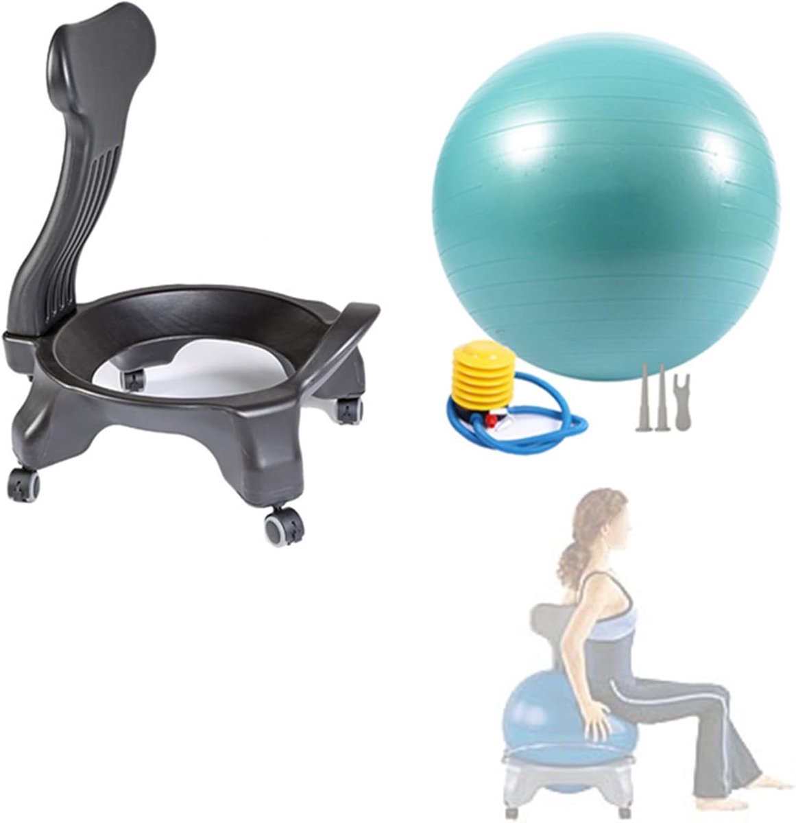 Balansstoel met Wielen - Fitnessstoel Zetel - Zittend Werken - Afneembare Bal - 55 cm Bal - Groen
