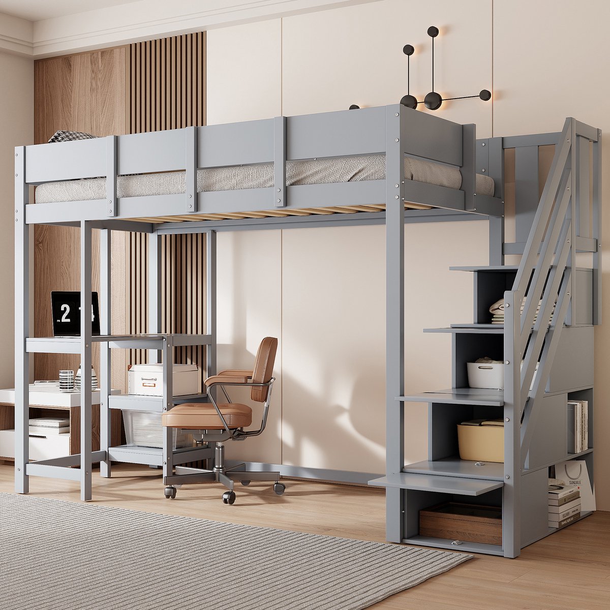 MEUNIQ Hoogslaper 90 x 200 cm met bureau, opbergrek en trap met opbergruimte, massief grenenhout, kinderkamer, grijs