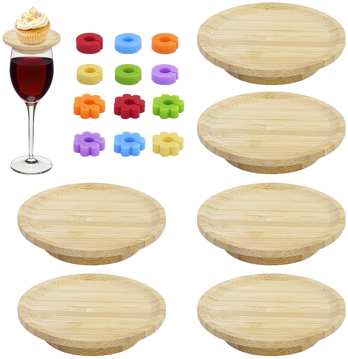 Dailygoods- Wijnglas Charcuterie Topper - Set van 6 - Houten Wijnglazen - Lekvrij Design - Perfect voor Voorgerechten en Desserts - Stijlvolle Bamboe Opzetstukken