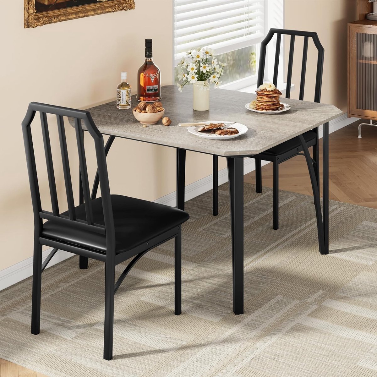 Eettafel Set 3-delig - 74x74x76cm - Eettafel met 2 Beklede Stoelen - Afgeschuinde Hoeken - Compact voor Kleine Ruimtes Appartement of Huis - Grijs