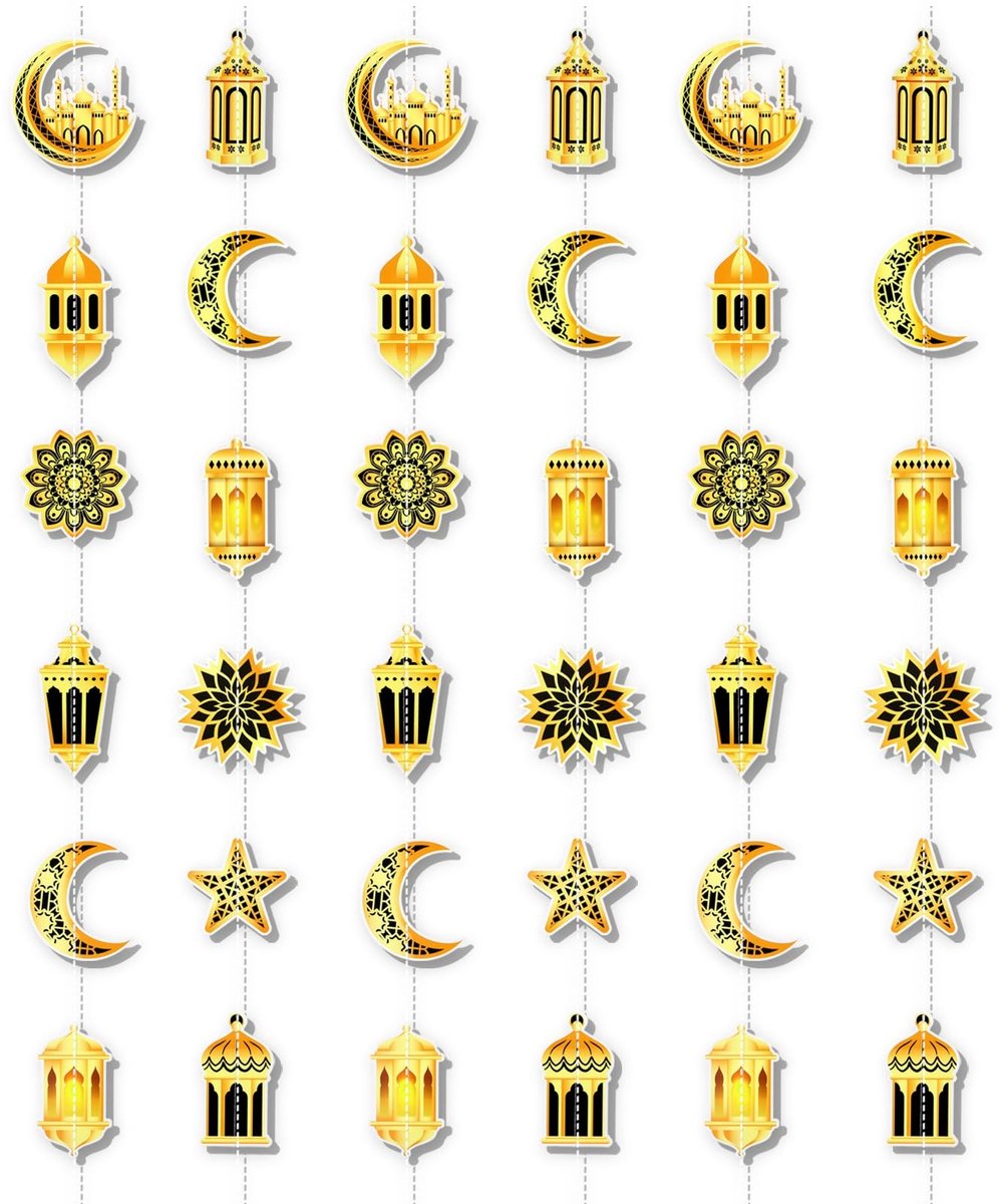 Dailygoods- Vlaggenslinger - Ramadan Decoratie - Eid Mubarak Slingers - Ster/Maan/Lantaarn - 6 Snaren - 2 Meter per Slinger - Feestdecoratie