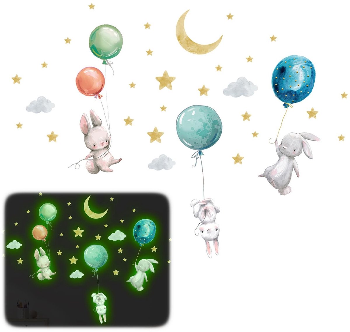 Dailygoods- Muursticker Lichtgevend - Sterrenhemel - Luchtballon - Veiligheidswaarschuwing - Zelfklevend - Voor Kinderen - Wanddecoratie