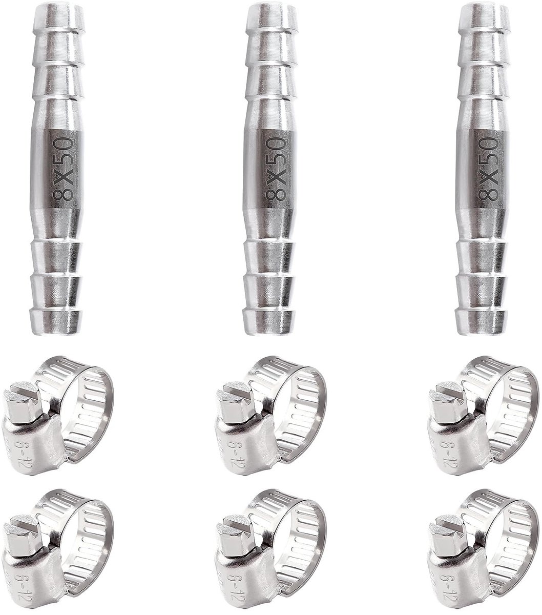Dailygoods - 3 Stuks 8mm 2-Weg Slangpilaar Rechte Connector, RVS Rechte Slangtule, 2-Weg Slangaansluiting Recht, met 6 Stuks Klemmen, voor Lucht, Gas, Water, Brandstof