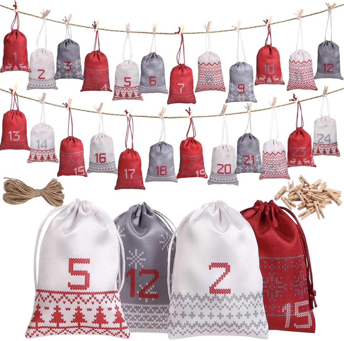 Dailygoods- Adventskalender om te vullen - 24 stoffen zakjes - Kerstkalender - Jute zakjes - Creatief knutselen - Perfect voor kinderen