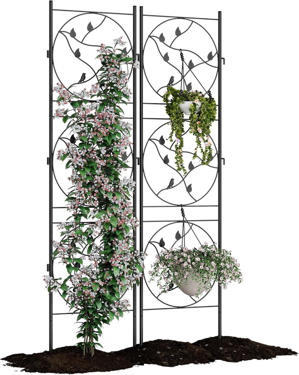 Metalen Klimplantenrek Trellis - Set van 2 Stuks - Zwart Tuinrek - 183 x 53 cm - Roestvrij & Weerbestendig Plantenrek voor Klimplanten, Rozen, Tomaten en Bloemen - Voor Tuin, Balkon en Bloempotten