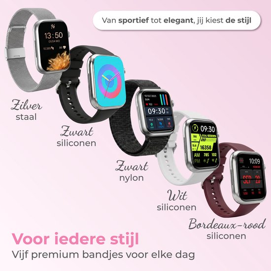 Nuvance Smartwatch Dames - Smartwatch Heren - Stappenteller Horloge Dames - Hartslagmeter - Sporthorloge - Geschikt voor iOS/Android - Incl. 5 Bandjes - Zilver