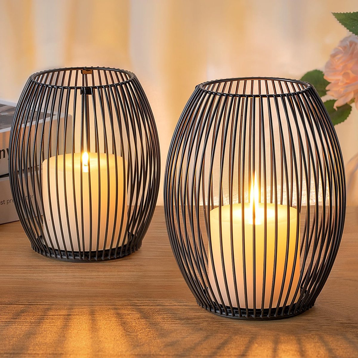 SnelShoppen - Set van 2 Vintage Kaarsenhouders - Metalen Lantaarns voor Pillar Kaarsen - Zwart - Decoratie voor Woonkamer, Slaapkamer en Badkamer - Pe