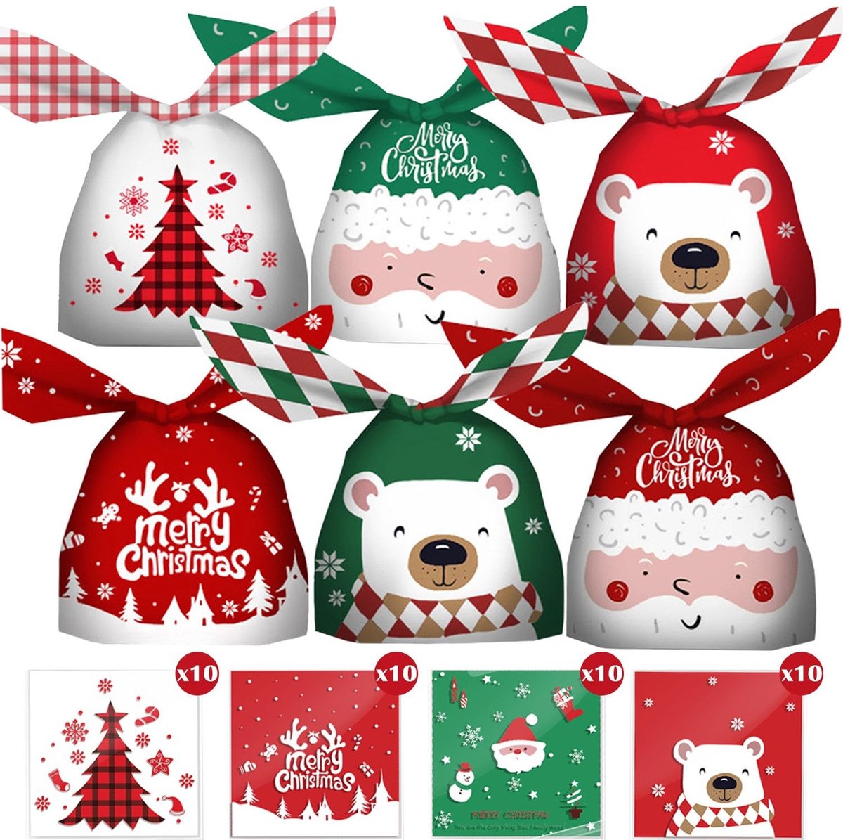 Dailygoods- Geschenkzakjes 60 stuks - Kerstcadeauzakjes - Snoepzakjes - Plastic zakjes - Konijnenoorvorm - 6 verschillende patronen - Cadeauzakjes