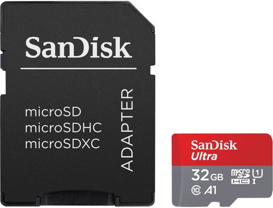 Zwarte SanDisk adapter met de tekst 'ADAPTER' en een rode en grijze SanDisk 32 GB Ultra microSD-kaart.