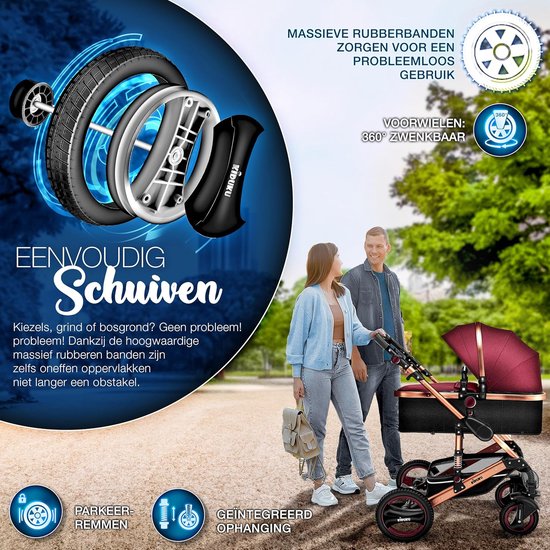 3-in-1 Kinderwagen Complete Set voor Baby's - Combi Wandelwagen met Reiswieg, Buggy en Accessoires inclusief Voetenzak van Merkloos — afbeelding 2