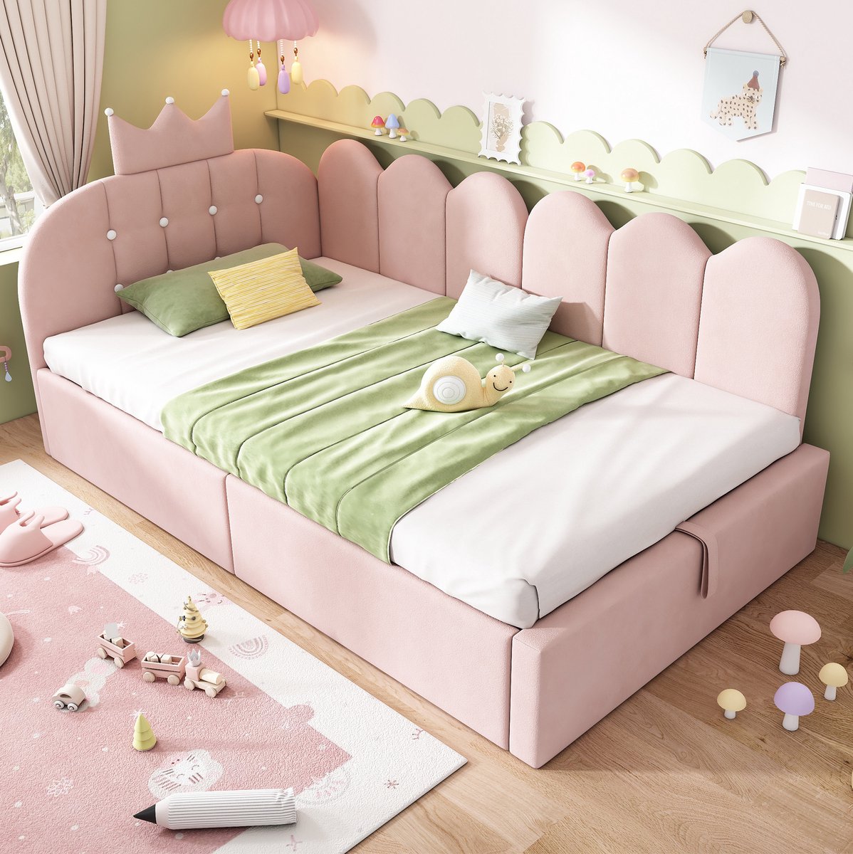 MEUNIQ bedbank 90x200 cm met hydraulische opbergruimte, lattenbodem en L-vormig daybed in roze fluweel, eenpersoons bed voor slaapkamer of logeerkamer