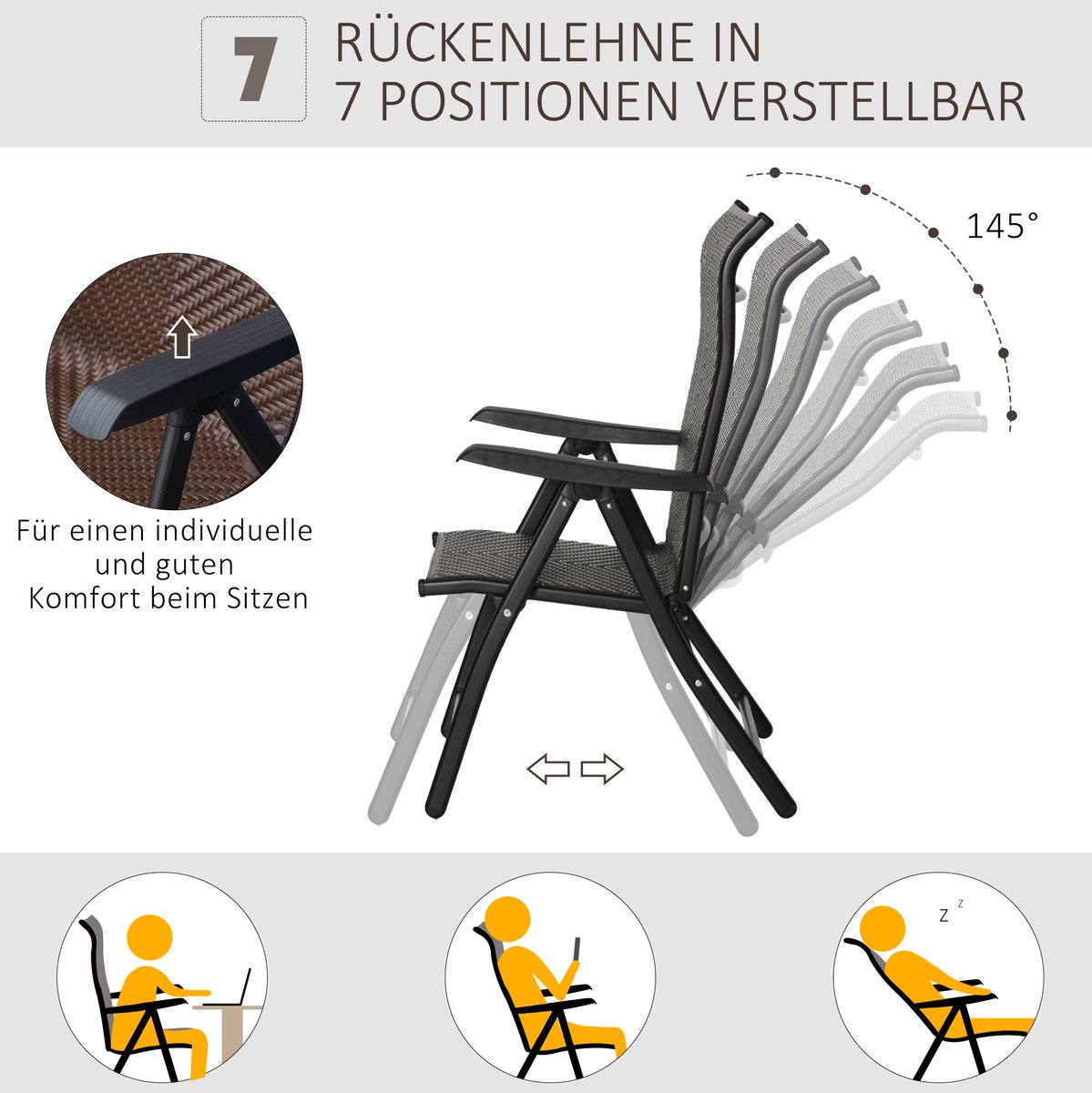 Inklapstoel - Polyrattan Tuinstoel - Met Armleuningen En 7 Standen Verstelbare Rugleuning 