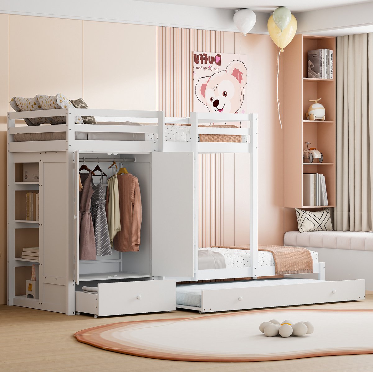 MEUNIQ Stapelbed 90x200 cm met uitziehbed, kledingkast, lades en opbergrek, houten bedframe voor kinderkamer of logeerkamer, wit