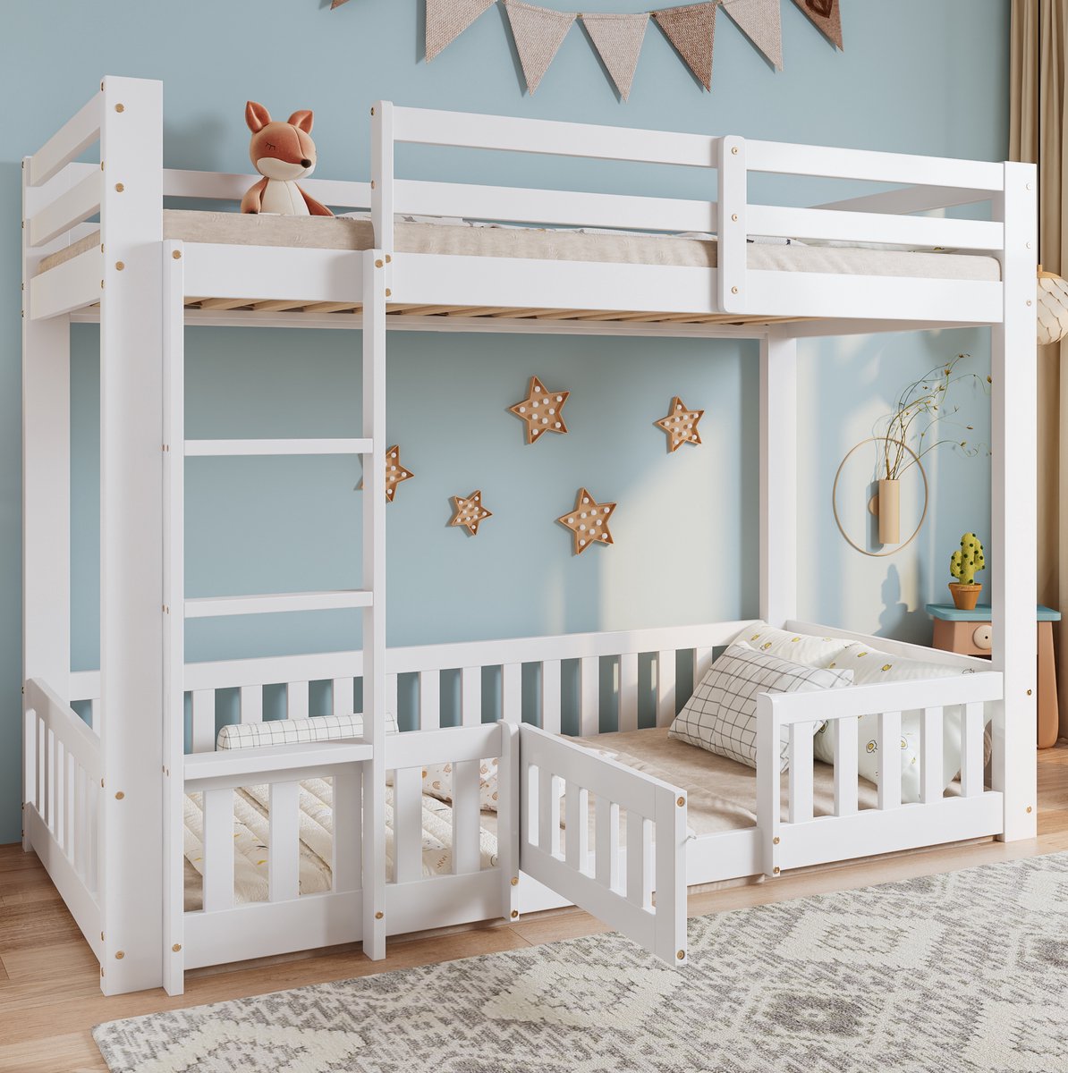 MEUNIQ Stapelbed 90x200 cm voor kinderkamer, wit houten bed met 3-treps haakse ladder, 4-zijdige valbeveiliging, deurtje en vrije ruimte onder het bed