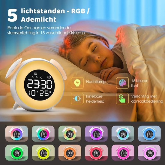 Kinderwekker - Slaaptrainer Kinderen - Gezonde Slaap - Zonsopgang Simulator - 15 Kleuren - Wit — afbeelding 5