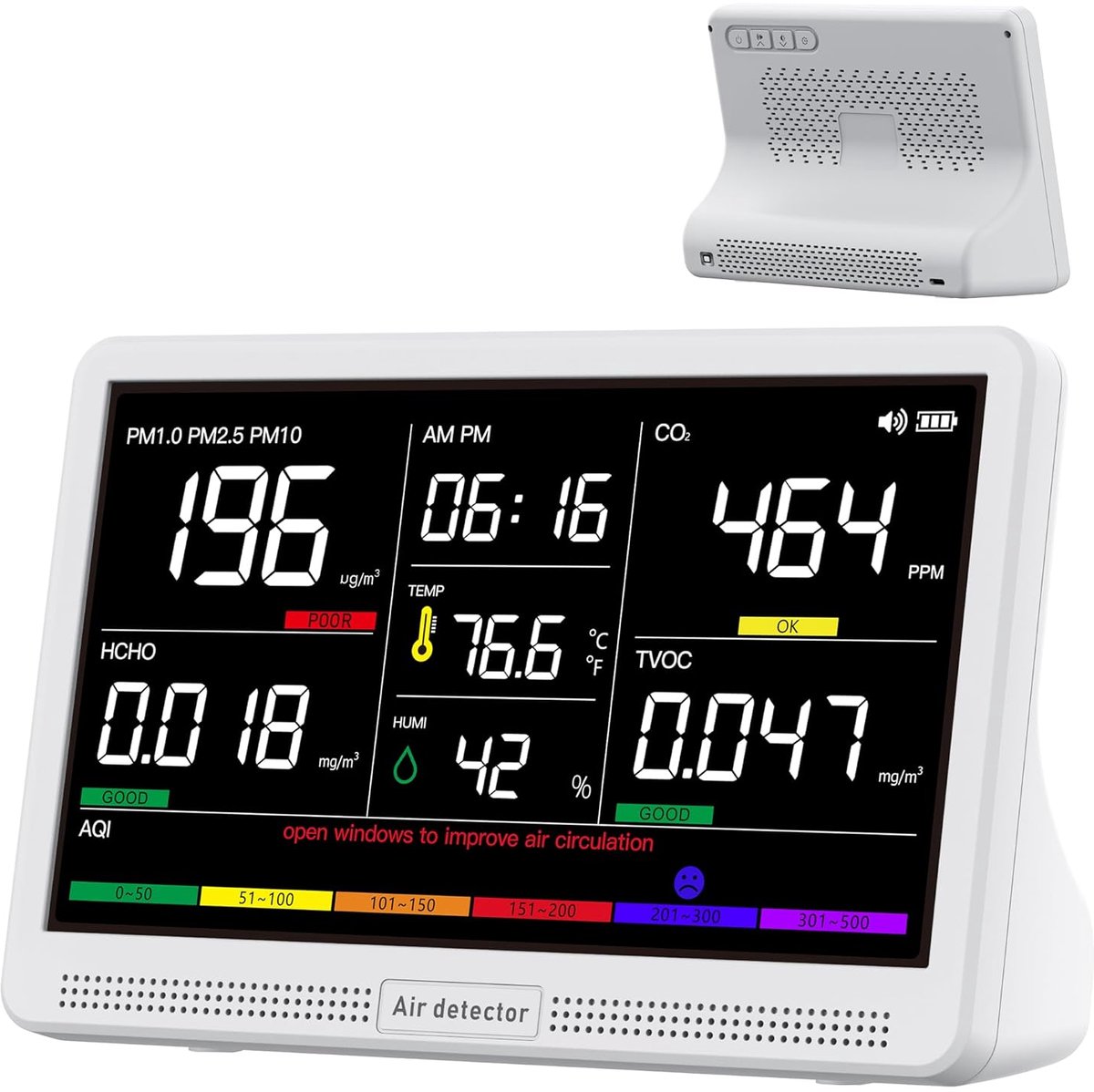 Luchtkwaliteitsmonitor - Luchtmeter - Binnenlucht Meten - 16-in-1 Functies - 7 inch Display - Zwart