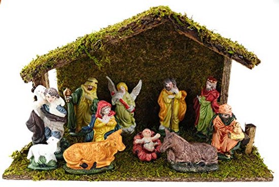 Kerststal Set - Kersttafereel - Decoratie Huis - 12 Delig Figuren - 30 cm Breed - Natuurlijk