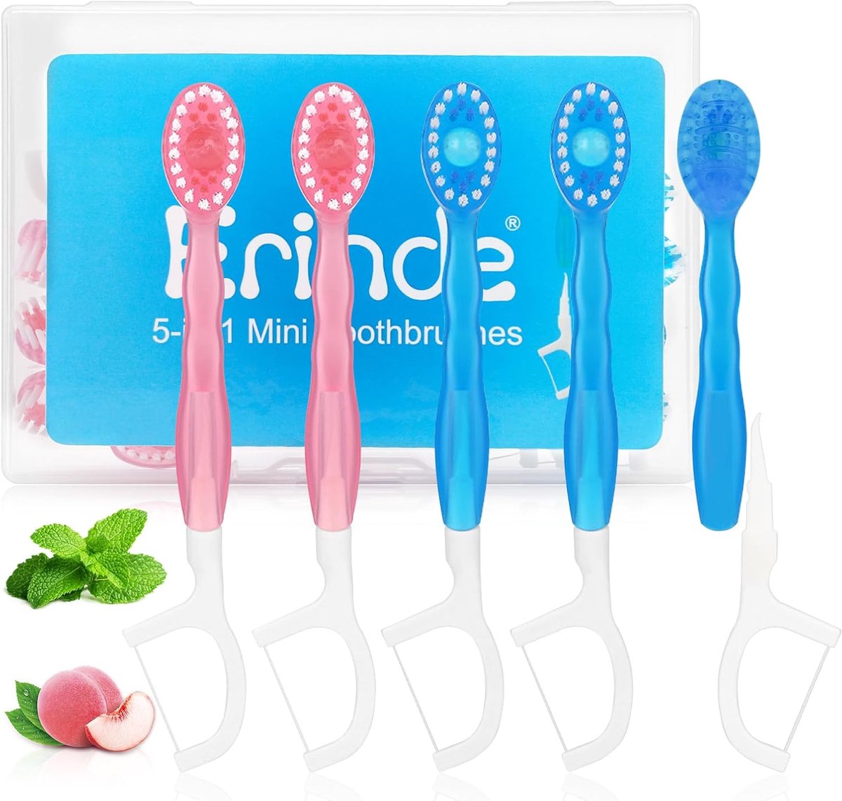 Mini Tandenborstel Set - Reis Tandenborstel - Mondverzorging Onderweg - 5-in-1 Compleet Pakket - 12 Stuks - Mint & Perzik