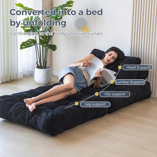 Zetelslaapbank - Inklapbaar Bed - Kleine Ruimtes - Inclusief Kussens - 190 cm - Zwart — afbeelding 5