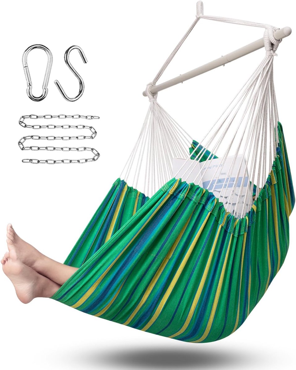 Hangstoel Touw Swing - Hangmat Stoel - Ontspannen Buiten - Ruim Sterk Ontwerp - XXL Formaat - Groen