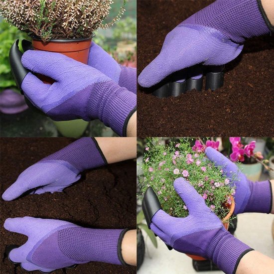 Collage van paarse tuinhandschoenen met klauwen die een plant verpotten en in de aarde werken.