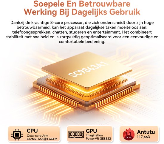 Gouden SC9863A1 chip met een gloed, CPU Octa-core Arm Cortex-A55@1.6GHz, GPU Imagination PowerVR GE8322, Antutu 117.463.