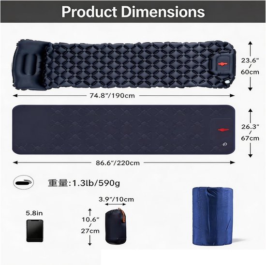 Zelfopblazend Slaapmatje - Kampeermat Kussen - Comfortabel Kamperen - Ingebouwde Voetpomp - Ultralicht 590g - Donkergrijs — afbeelding 4
