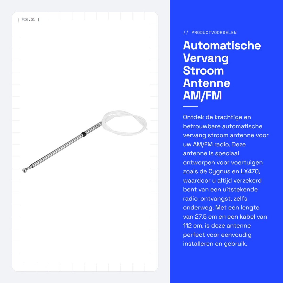 Dailygoods- Antennemast Roestvrij Staal - Automatische Vervanging - AM/FM-radio - Lengte 27.5cm - Kabel Lengte 112cm - Voor Cygnus 100-serie - Radioantenne