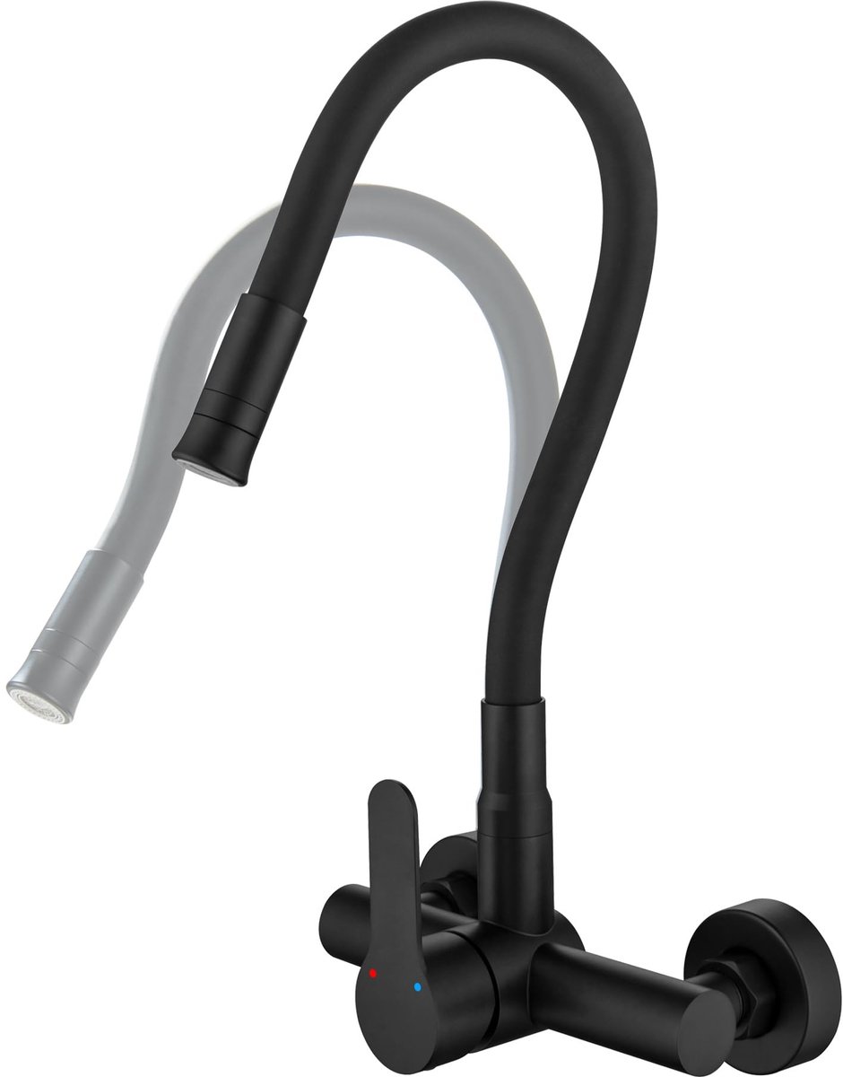 Dailygoods- Keukenkraan wandmontage - 360° flexibele uitloop - Mengkraan met 2 sproeimodi - Matzwart design - Moderne functionaliteit