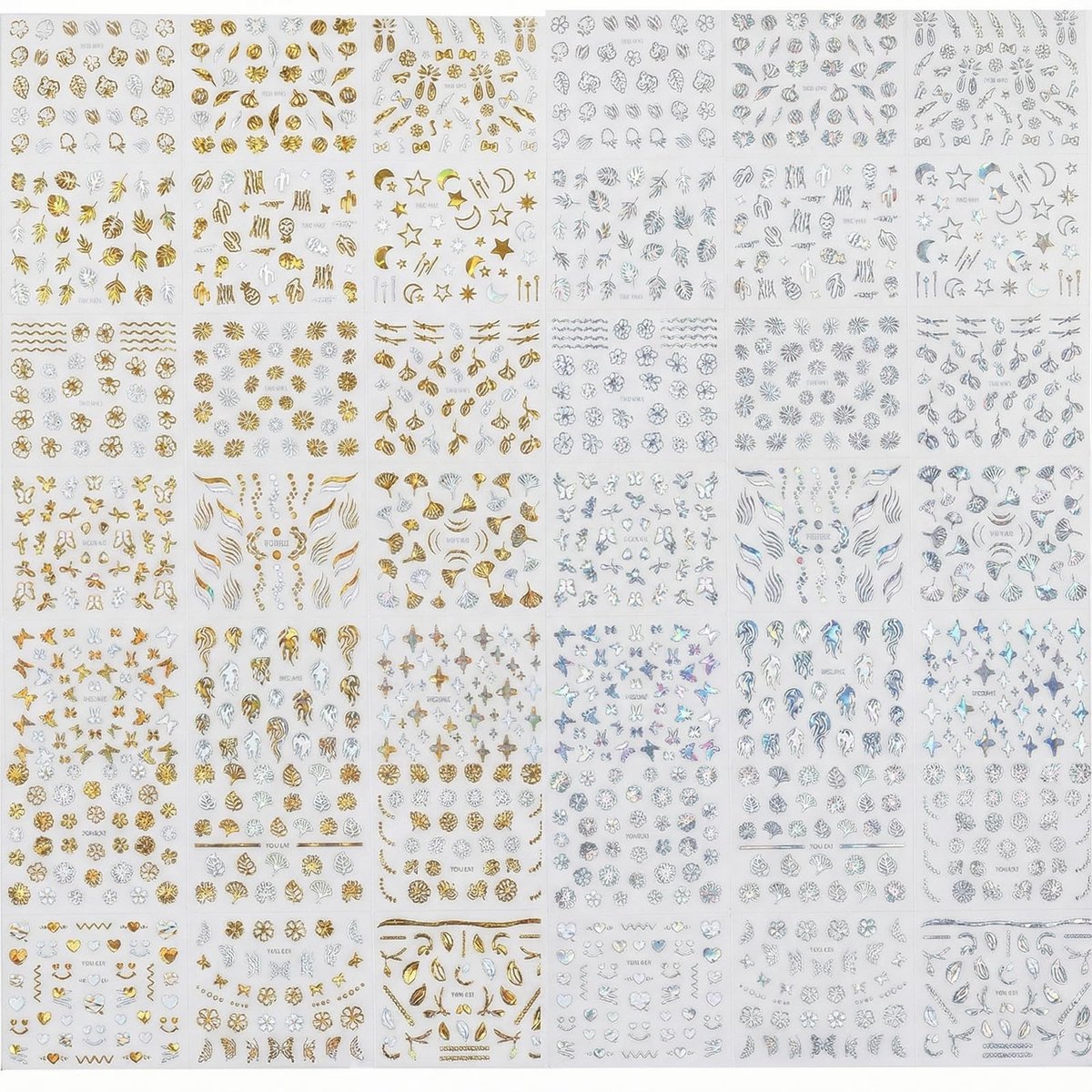 Dailygoods - 60 vellen nagelstickers, sterren, maan, vlinders, bloemen, sneeuwvlokken, nagelstickers, zelfklevende nagelstickers voor doe-het-zelf nageldesign en als cadeau-idee zilver en goud