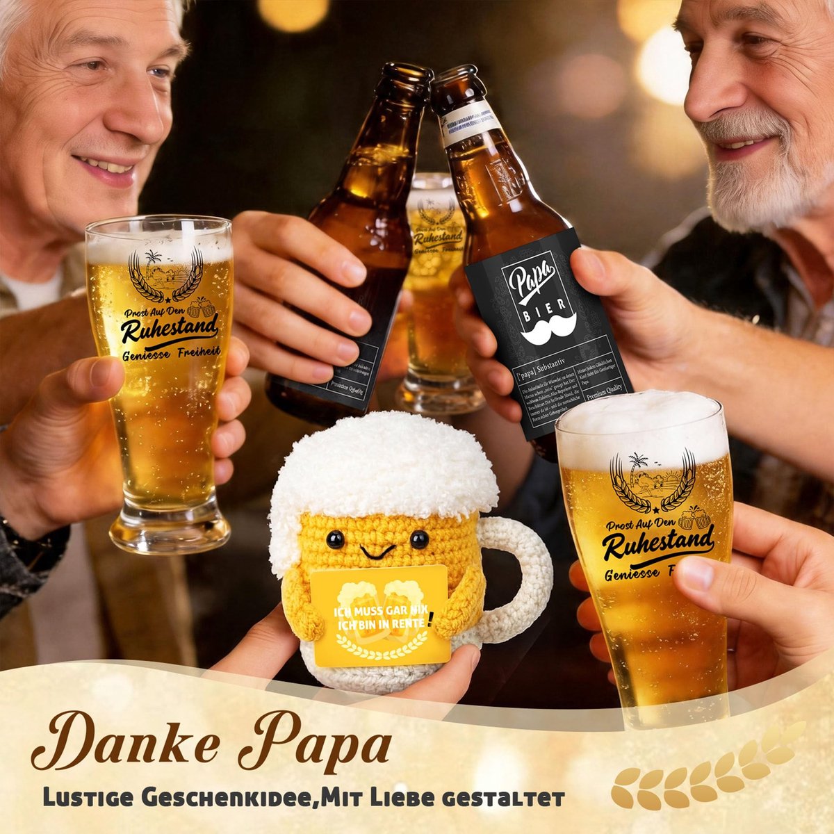 Dailygoods- Pensioencadeau Premium Bierglazenset - Afscheidscadeau voor Collega's - Cadeauset met Onderzetter - Gehaakte Knuffeldieren - Hoogwaardige Geschenkdoos - Perfect voor Pensioen