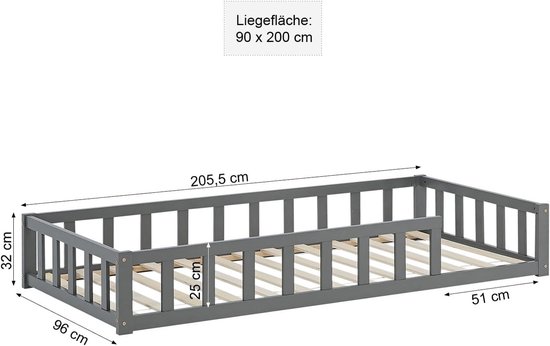 Grijze houten peuterbedframe met afmetingen van 205,5x96 cm en een ligoppervlak van 90x200 cm.
