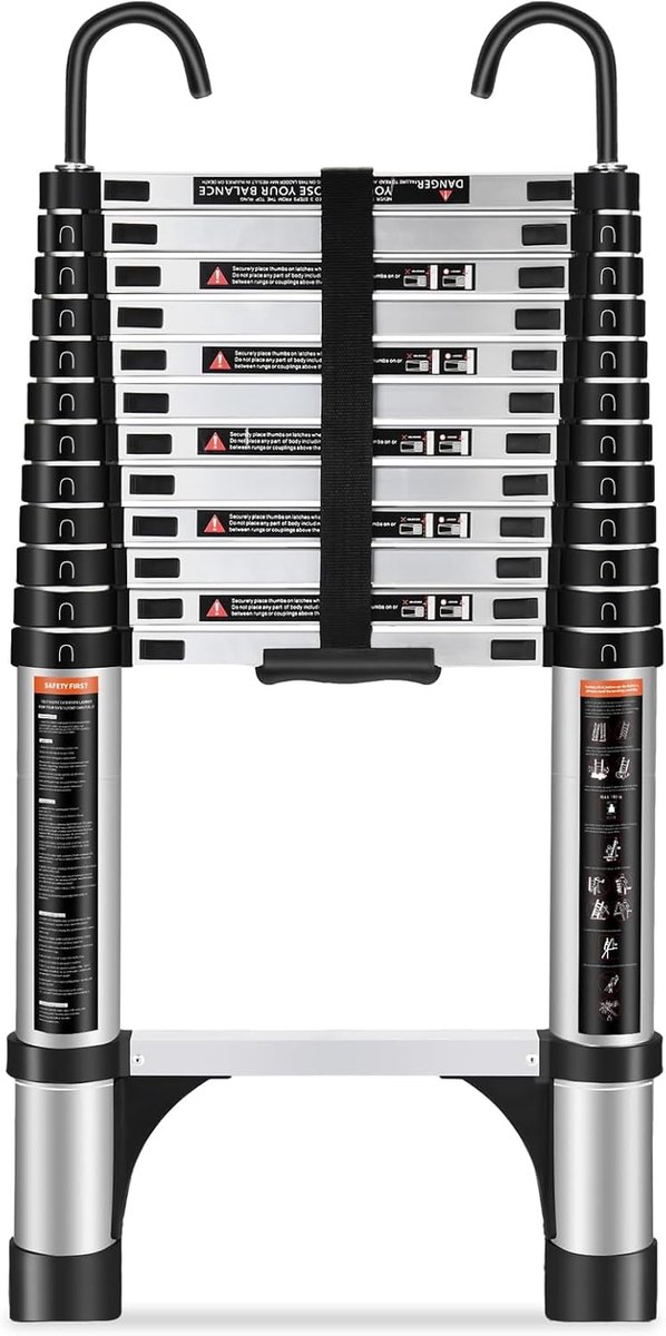 Telescopische ladder - Uitschuifbare ladder - Veilig klussen - Afneembare haken - 38 meter - Zilver