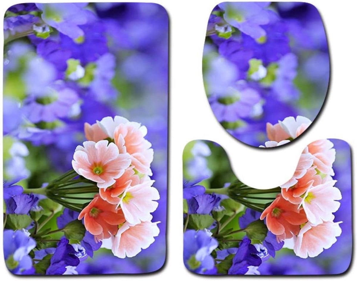Badkamer Mat Set - Toilet Tapijt - Badkamer Decoratie - 3 Delig - 45 x 75 cm - Bloemen