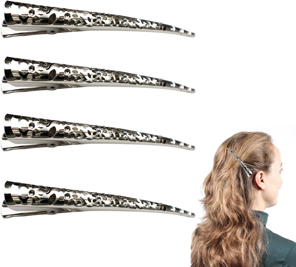 Dailygoods- Eendenbek Clips Antislip - Metalen Haarclips - Professionele Kappersklemmen - Duurzaam - Roestvrij Staal - 4 Stuks
