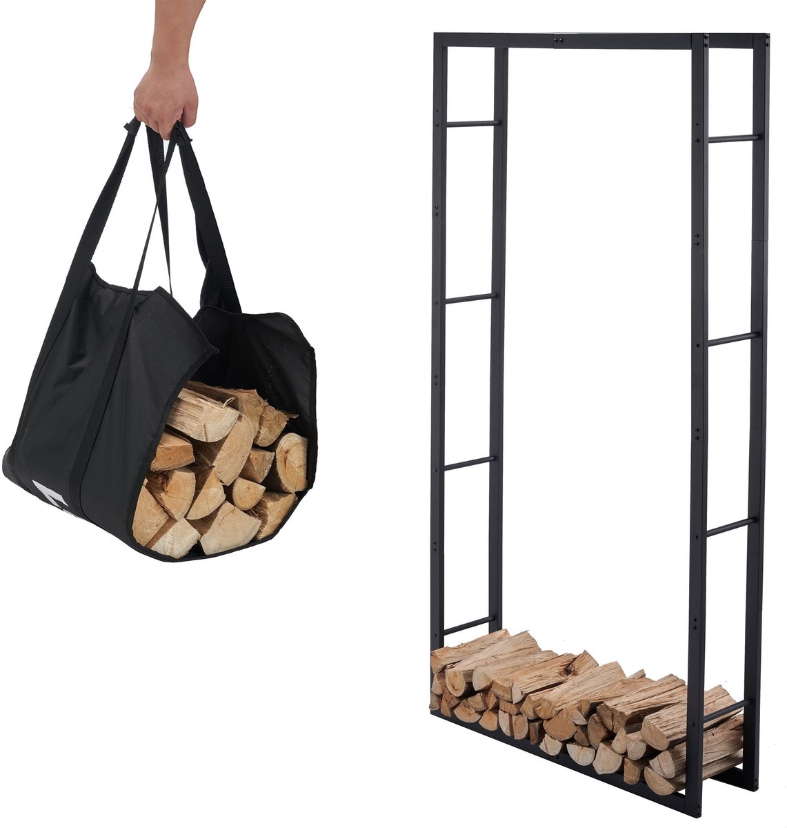 Dailygoods- Brandhoutrek - Stevige constructie - Houtopslag binnen - Draagtas - Houtberging - Hoogwaardig gepoedercoat staal (100x25x196cm)