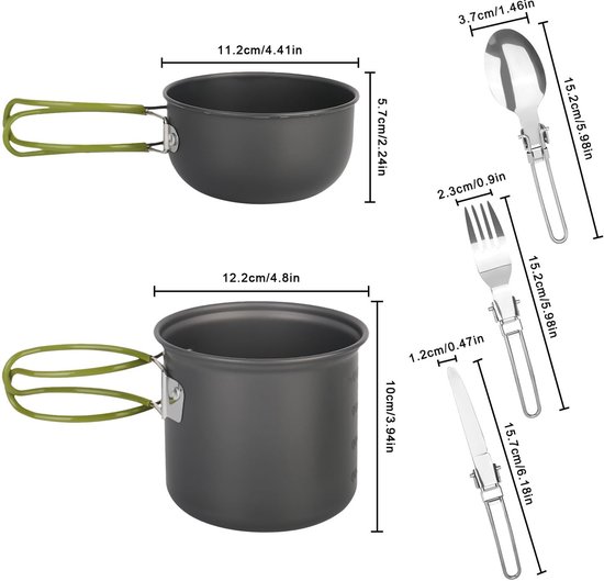 Camping kookset 2 personen - Camping kookgerei set - Pannenset - Incl camping servies - Camping pannenset - Outdoor kookgerei - Kookgerei met inklapbaar bestek - Mini camping kookset — afbeelding 4